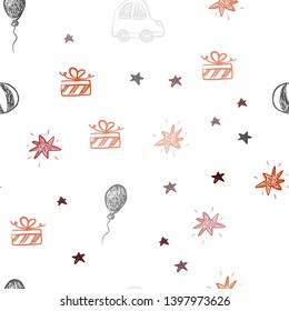 Dark Red vector seamless background in xmas style. Abstract illustration with a toy car, baloon, candy, star, ball. Template for new year postcards.