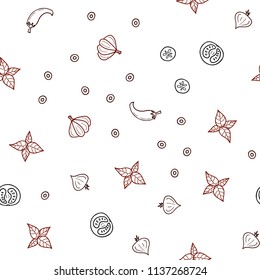 Dark Red vector seamless cover with cuisine gourmet. Illustration with set of fresh food in doodle style. Design for ad, poster, banner of cafes or restaurants.