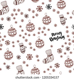 Dark Red vector seamless cover with beautiful snowflakes, balls, socks, mittens. Colorful illustration with xmas symbols. Pattern for trendy fabric, wallpapers.