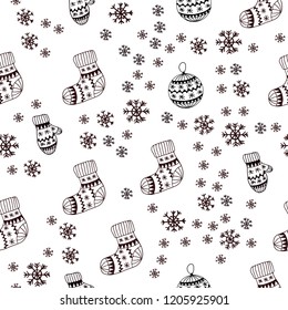 Dark Red vector seamless cover with beautiful snowflakes, balls, socks, mittens. Glitter abstract illustration with gradient. Texture for window blinds, curtains.