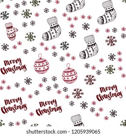 Dark Red vector seamless cover with beautiful snowflakes, balls, socks, mittens. Colorful illustration with xmas symbols. Template for business cards, websites.