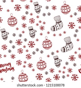 Dark Red vector seamless cover with beautiful snowflakes, balls, socks, mittens. Modern geometric abstract illustration. Pattern for design of fabric, wallpapers.