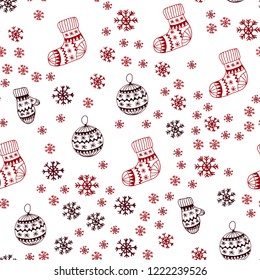Dark Red vector seamless cover with beautiful snowflakes, balls, socks, mittens. Glitter abstract illustration with gradient. Texture for window blinds, curtains.