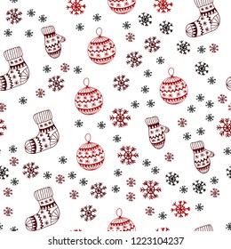 Dark Red vector seamless cover with beautiful snowflakes, balls, socks, mittens. Colorful xmas elements with gradient. Template for business cards, websites.