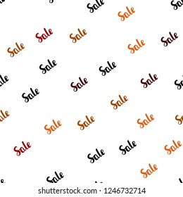 Dark Red vector seamless cover with symbols of sales. Colored words of sales with gradient on white background. Template for season sales, shopping ads.