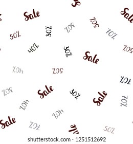 Dark Red vector seamless cover with symbols of 30, 40, 50 % sales. Colored words of sales with gradient on white background. Template for season sales, shopping ads.