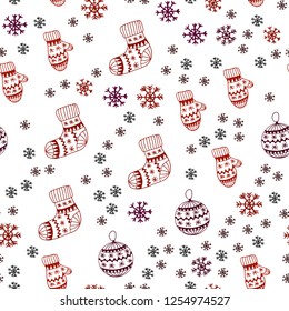 Dark Red vector seamless cover with beautiful snowflakes, balls, socks, mittens. Glitter abstract illustration with gradient. Design for textile, fabric, wallpapers.