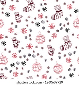 Dark Red vector seamless cover with beautiful snowflakes, balls, socks, mittens. Colorful illustration with xmas symbols. Design for textile, fabric, wallpapers.
