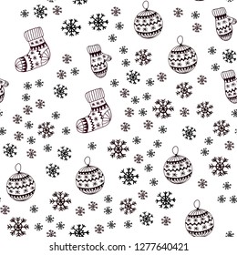Dark Red vector seamless cover with beautiful snowflakes, balls, socks, mittens. Colorful decorative design in xmas style. Pattern for trendy fabric, wallpapers.