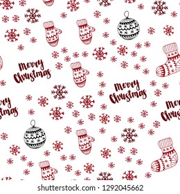 Dark Red vector seamless cover with beautiful snowflakes, balls, socks, mittens. Colorful decorative design in xmas style. Pattern for design of fabric, wallpapers.