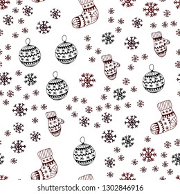 Dark Red vector seamless cover with beautiful snowflakes, balls, socks, mittens. Colorful xmas elements with gradient. Design for textile, fabric, wallpapers.