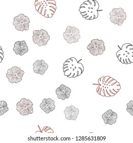 Dark Red vector seamless doodle texture with flowers, leaves. Leaves, flowers in natural style on white background. Pattern for design of fabric, wallpapers.