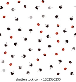 Dark Red vector seamless layout with coffee set. Glitter abstract backdrop with gradient mugs, coffee grains. Design for ad, poster, banner of cafes, restaurants.
