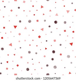 Dark Red vector seamless layout with circles, lines, rectangles. Illustration with set of colorful circles, triangles, squares. Design for textile, fabric, wallpapers.