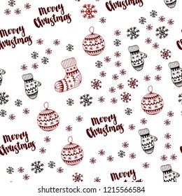Dark Red vector seamless layout with bright snowflakes, balls, socks, mittens. Colorful xmas elements with gradient. Texture for window blinds, curtains.