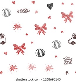 Dark Red vector seamless layout with new year gifts. Shining illustration with a toy car, heart, baloon, tulip, candy, ball. Template for new year postcards.