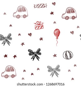 Dark Red vector seamless layout with new year gifts. Design in xmas style with a toy car, heart, baloon, tulip, candy, ball. Pattern for carnival, festival ads.