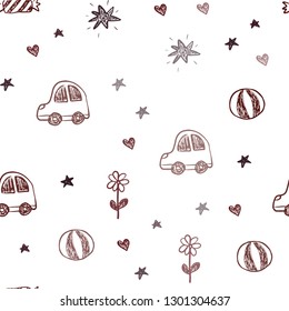 Dark Red vector seamless layout with new year gifts. Shining illustration with a toy car, heart, baloon, tulip, candy, ball. Pattern for new year ads.