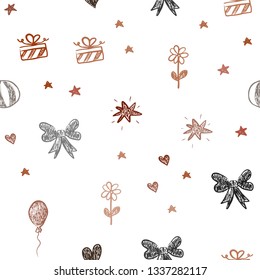 Dark Red vector seamless layout with new year gifts. Design in xmas style with a toy car, heart, baloon, tulip, candy, ball. Template for new year postcards.