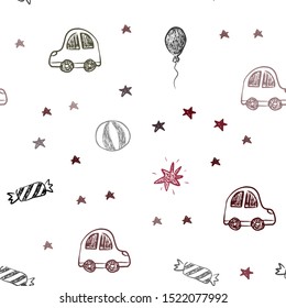 Dark Red vector seamless layout in new year style. Abstract illustration with a toy car, baloon, candy, star, ball. Design for holiday adverts.