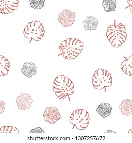 Dark Red vector seamless natural artwork with flowers, leaves. Sketchy doodles on white background. Design for textile, fabric, wallpapers.