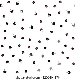 Dark Red vector seamless pattern with coffee beans, cups. Colorful illustration with gradient coffee beans, mugs. Template of a black hot beverage in a cafe.