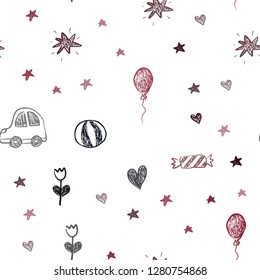 Dark Red vector seamless pattern with christmas toys. Illustration with a colorful toy car, heart, baloon, tulip, candy, ball. Pattern for carnival, festival ads.