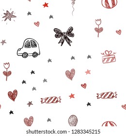 Dark Red vector seamless pattern with christmas toys. Illustration with a gradient toy car, heart, baloon, tulip, candy, ball. Design for holiday adverts.