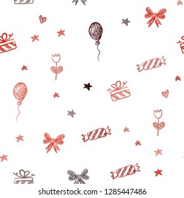 Dark Red vector seamless pattern in christmas style. Shining illustration with aheart, baloon, candy, gift, star, ribbon. Pattern for birthday gifts.