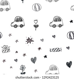 Dark Red vector seamless pattern with christmas toys. Colorful illustration with a toy car, heart, baloon, tulip, candy, ball. Pattern for birthday gifts.