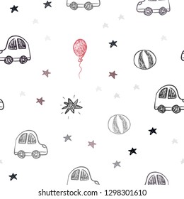 Dark Red vector seamless pattern in christmas style. Shining illustration with a toy car, baloon, candy, star, ball. Design for holiday adverts.