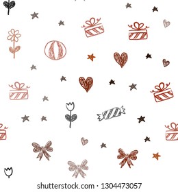 Dark Red vector seamless pattern in christmas style. Shining illustration with aheart, baloon, candy, gift, star, ribbon. Pattern for carnival, festival ads.