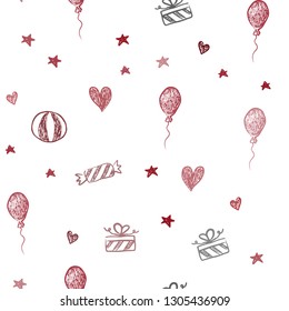 Dark Red vector seamless pattern in christmas style. Shining illustration with aheart, baloon, candy, gift, star, ribbon. Design for holiday adverts.