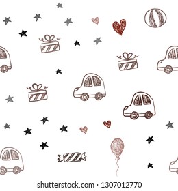 Dark Red vector seamless pattern with christmas toys. Abstract illustration with a toy car, heart, baloon, tulip, candy, ball. Pattern for carnival, festival ads.