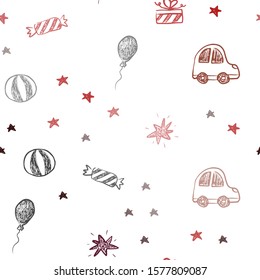 Dark Red vector seamless pattern in christmas style. Abstract illustration with a toy car, baloon, candy, star, ball. Pattern for new year ads.