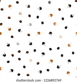 Dark Red vector seamless template with cups of coffee, beans. Decorative gradient design of coffee cups and beans. Pattern for ads of breakfast, lunch, dinner.