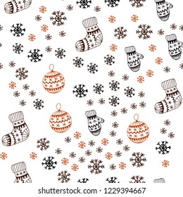 Dark Red vector seamless template with ice snowflakes, balls, socks, mittens. Colorful decorative design in xmas style. Design for wallpaper, fabric makers.