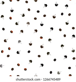 Dark Red vector seamless template with cups of coffee, beans. Colorful illustration with gradient coffee beans, mugs. Design for ad, poster, banner of cafes, restaurants.