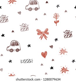 Dark Red vector seamless template with carnival elements. Shining illustration with a toy car, heart, baloon, tulip, candy, ball. Pattern for birthday gifts.