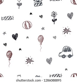 Dark Red vector seamless template with carnival elements. Abstract illustration with a toy car, heart, baloon, tulip, candy, ball. Pattern for birthday gifts.