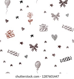 Dark Red vector seamless template in carnival style. Shining illustration with aheart, baloon, candy, gift, star, ribbon. Pattern for carnival, festival ads.