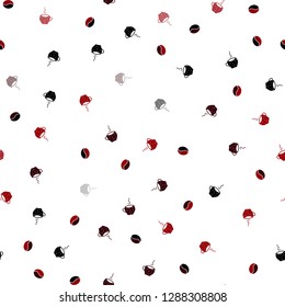 Dark Red vector seamless template with cups of coffee, beans. Gradient illustration with set of mugs, beans. Template of a black hot beverage in a cafe.