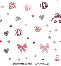 Dark Red vector seamless template with carnival elements. Colorful illustration with a toy car, heart, baloon, tulip, candy, ball. Template for new year postcards.