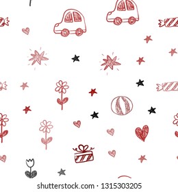 Dark Red vector seamless template with carnival elements. Shining illustration with a toy car, heart, baloon, tulip, candy, ball. Design for colorful commercials.