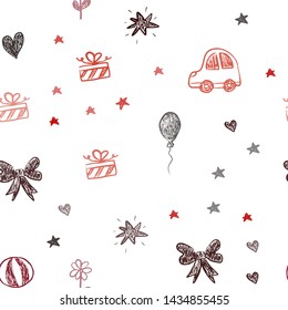 Dark Red vector seamless template with carnival elements. Illustration with a gradient toy car, heart, baloon, tulip, candy, ball. Template for new year postcards.