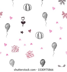 Dark Red vector seamless template in carnival style. Shining illustration with aheart, baloon, candy, gift, star, ribbon. Pattern for new year ads.