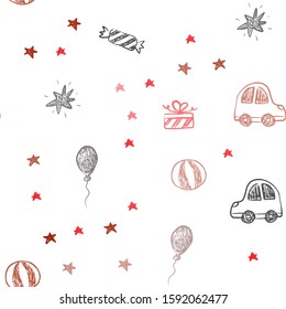 Dark Red vector seamless template in carnival style. Illustration with a gradient toy car, baloon, candy, star, ball. Pattern for new year ads.