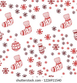 Dark Red vector seamless texture with colored snowflakes, balls, socks, mittens. Colorful xmas elements with gradient. Design for textile, fabric, wallpapers.