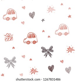 Dark Red vector seamless texture with birthday gifts. Shining illustration with a toy car, heart, baloon, tulip, candy, ball. Pattern for new year ads.