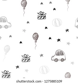 Dark Red vector seamless texture in birthday style. Design in xmas style with a toy car, baloon, candy, star, ball. Template for new year postcards.